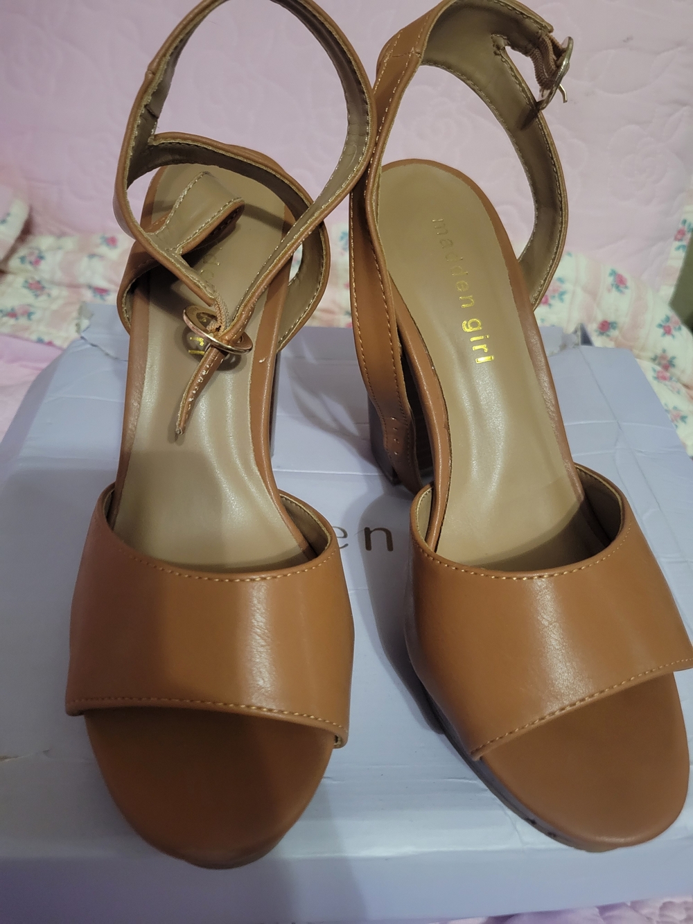 Madden Girl Tan Block Heel Sandals with Ankle Strap